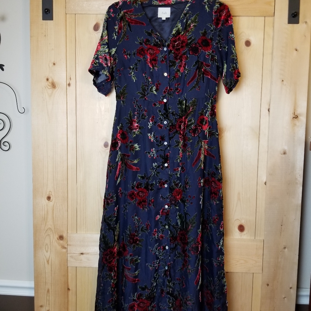 Roolee Salt Burnout Micro-Velvet Textured Button Down A-Line Midi Dress